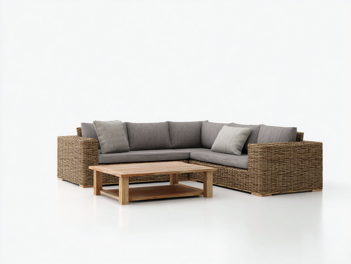 Sofás de exterior de ratán sintético 240x240x75 cm - Marrón natural y gris - Diseño esquinero con mesa de centro de madera