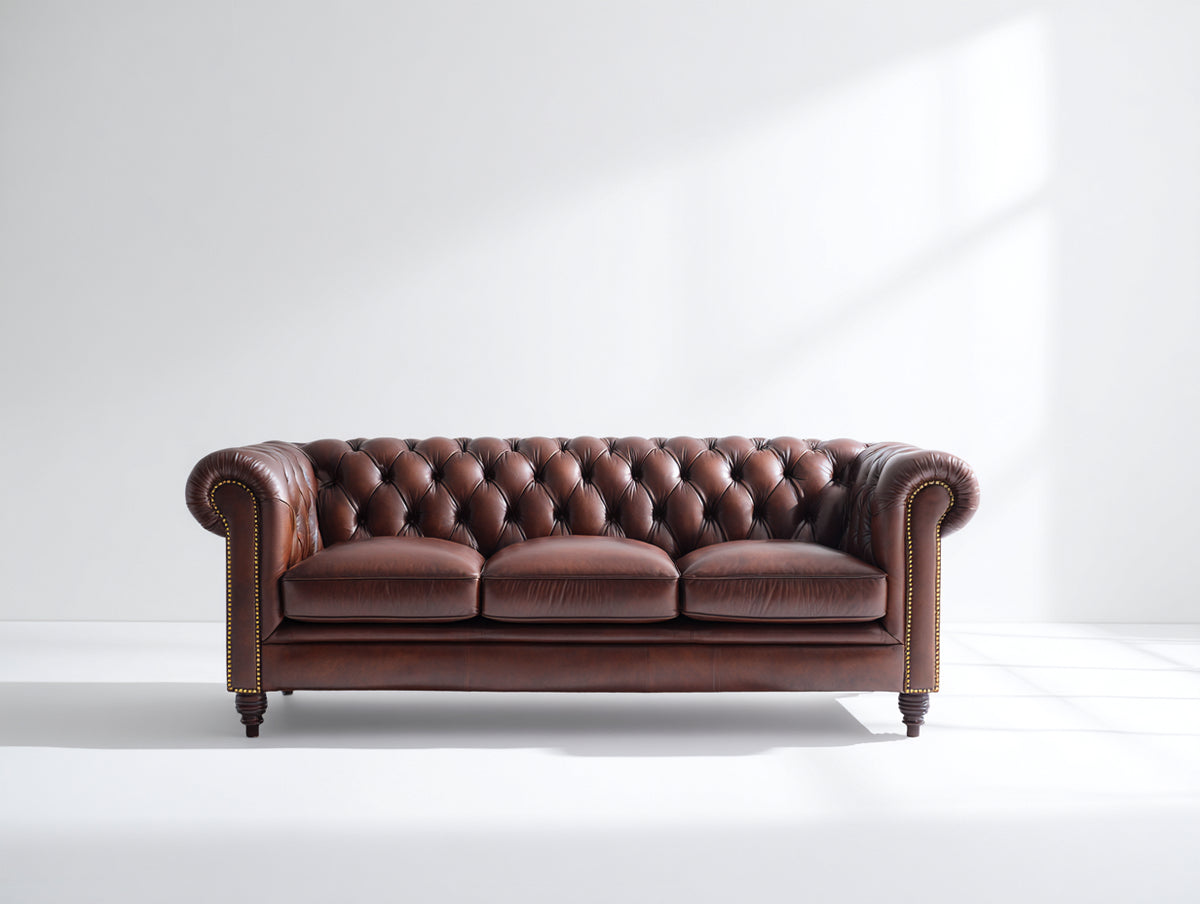 Sofás 3 plazas tapizado tipo cuero 205 x 86 x 77 cm - marrón oscuro - diseño capitoné con brazos enrollados