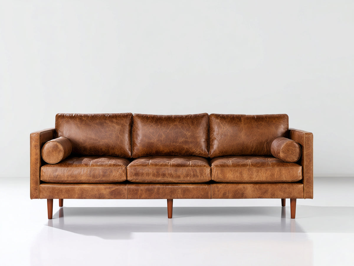 Sofás 3 plazas de cuero 220x90x82 cm - Marrón coñac - Diseño moderno con patas de madera