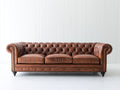 Sofás 3 plazas de cuero 225x95x78 cm - Marrón coñac - Diseño Chesterfield con capitoné profundo y brazos enrollados