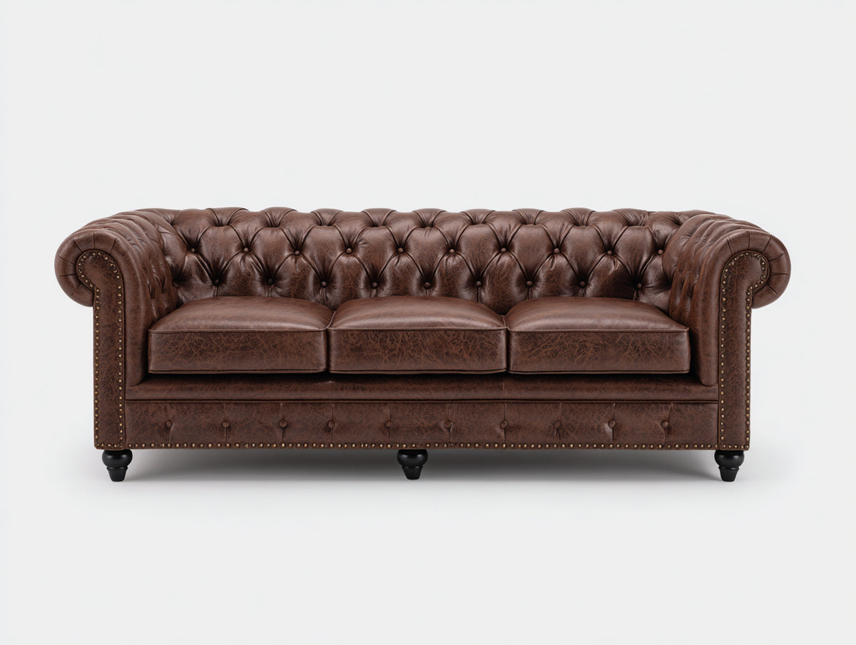 Sofás 3 plazas tapizado tipo cuero 210 x 88 x 78 cm - marrón oscuro - diseño capitoné estilo clásico