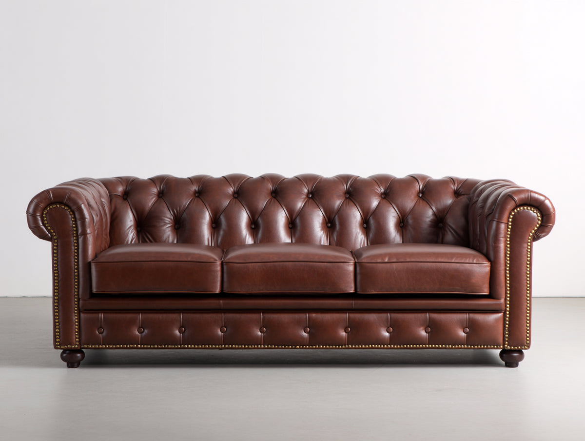 Sofás 3 plazas de cuero 220 x 90 x 78 cm - marrón - diseño Chesterfield con capitoné y brazos enrollados