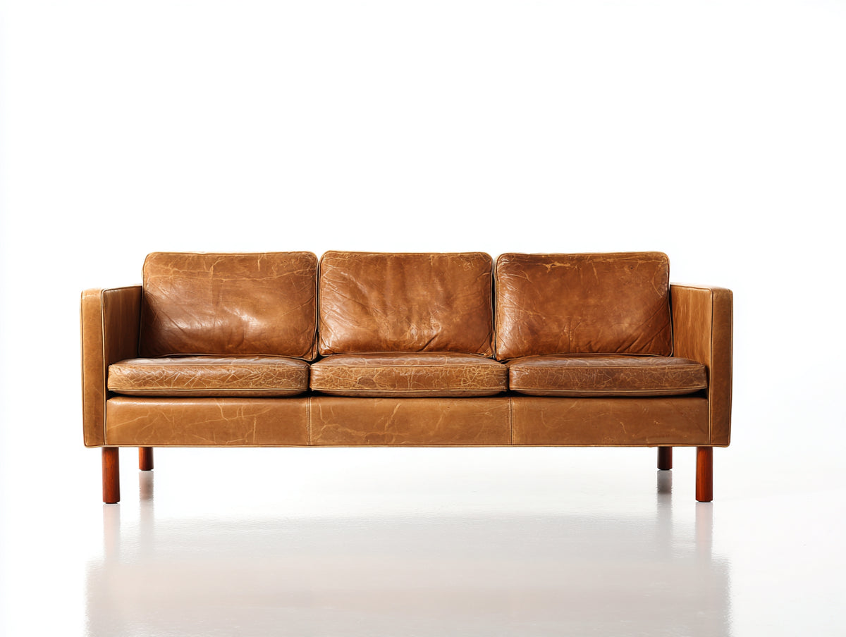 Sofás 3 plazas tapizados efecto cuero 205 x 88 x 82 cm - marrón caramelo - diseño recto de inspiración retro con patas de madera