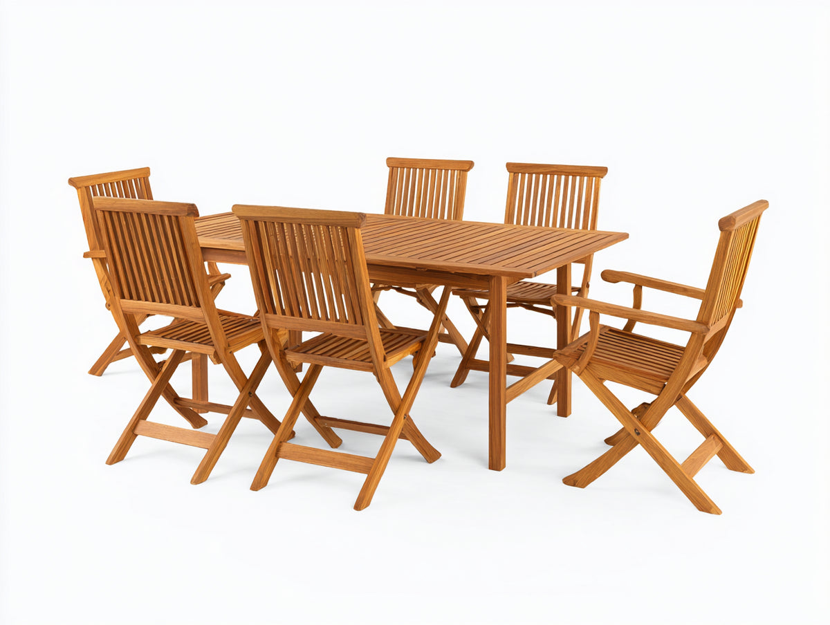 Conjuntos de comedor de jardín de madera 180x90x75 cm - Madera natural - Mesa rectangular con 6 sillas plegables