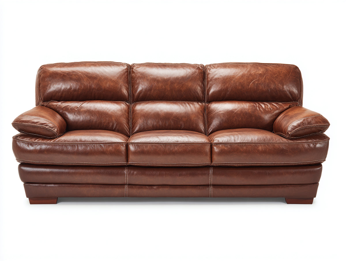 Sofás 3 plazas tapizados efecto cuero 220 x 95 x 90 cm - marrón coñac - diseño acolchado contemporáneo con brazos anchos