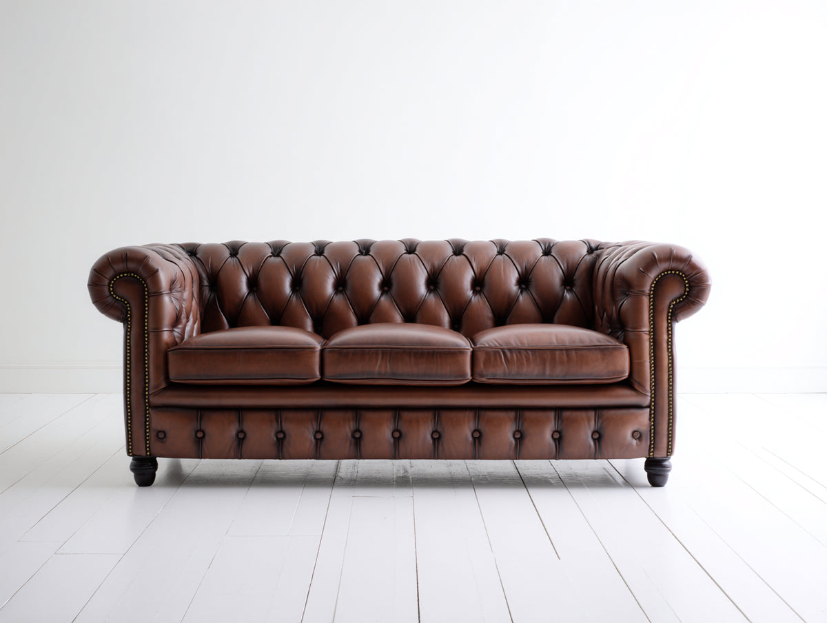 Sofás 3 plazas de cuero 218 x 92 x 76 cm - marrón oscuro - diseño Chesterfield con capitoné y brazos enrollados