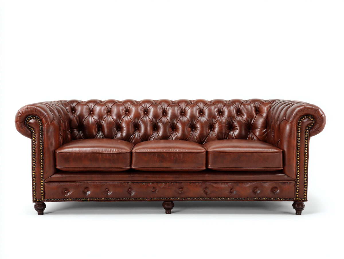 Sofás 3 plazas Chesterfield tapizado efecto cuero 220x90x75 cm - marrón coñac - diseño clásico