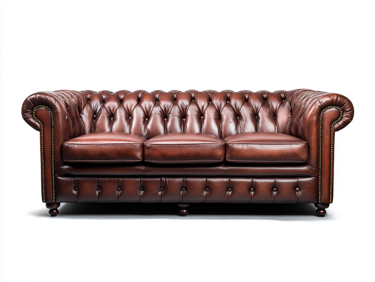 Sofás 3 plazas de cuero 220x92x78 cm - Marrón coñac - Diseño Chesterfield con capitoné y brazos enrollados