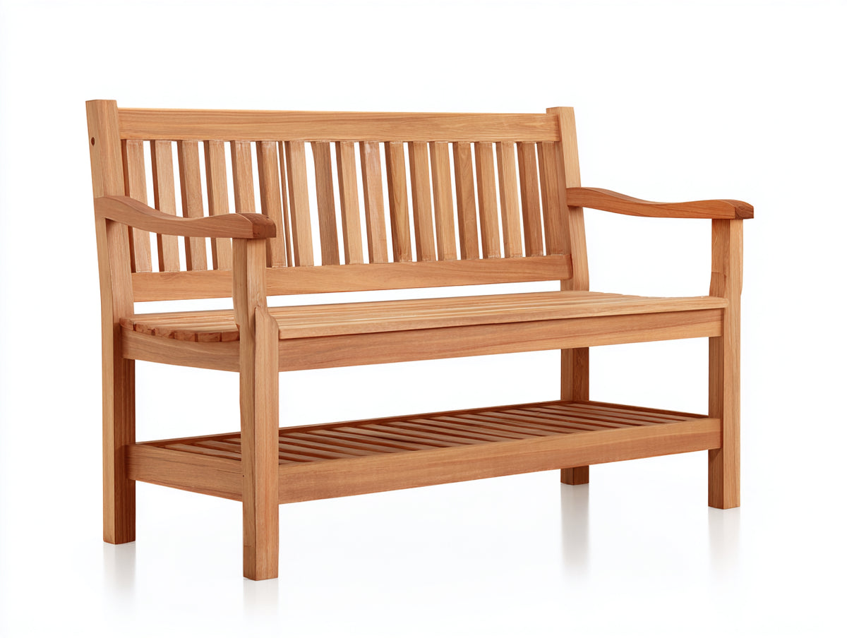 Bancos de jardín de madera maciza 150x60x95 cm - Madera natural - Diseño de 3 plazas con estante inferior