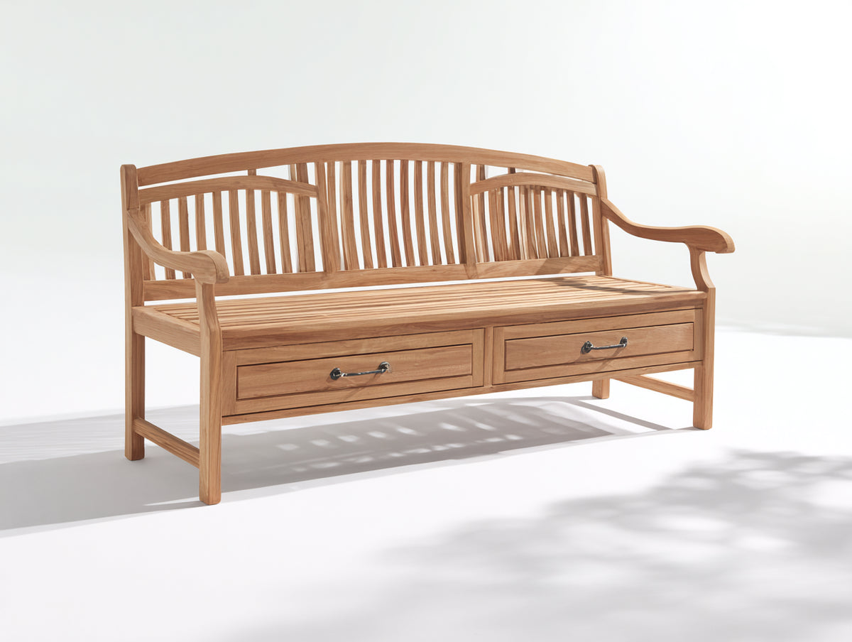 Bancos de jardín de madera 160 x 60 x 95 cm - marrón claro - diseño con respaldo curvado y 2 cajones