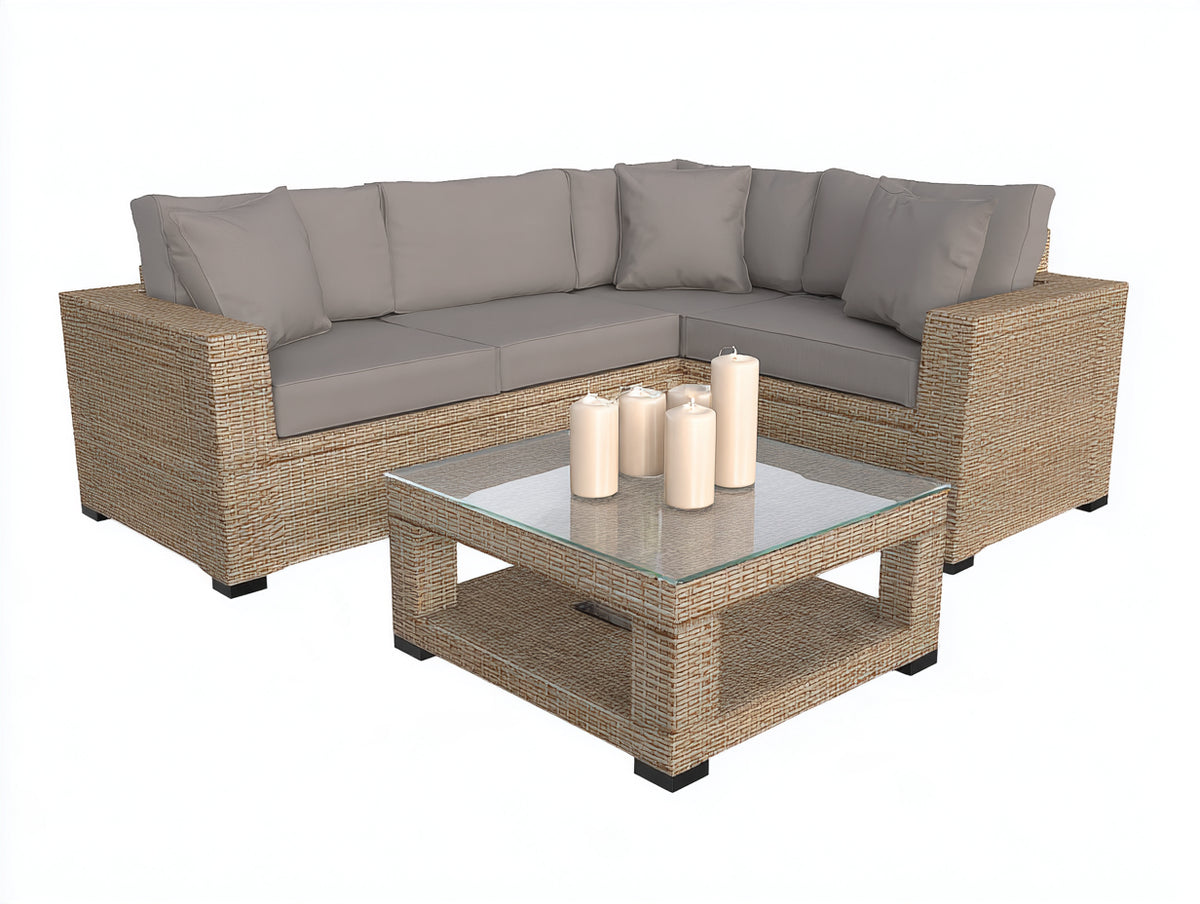 Sofás de exterior de ratán sintético 225 x 175 x 72 cm - beige y gris - diseño modular con mesa de centro cuadrada