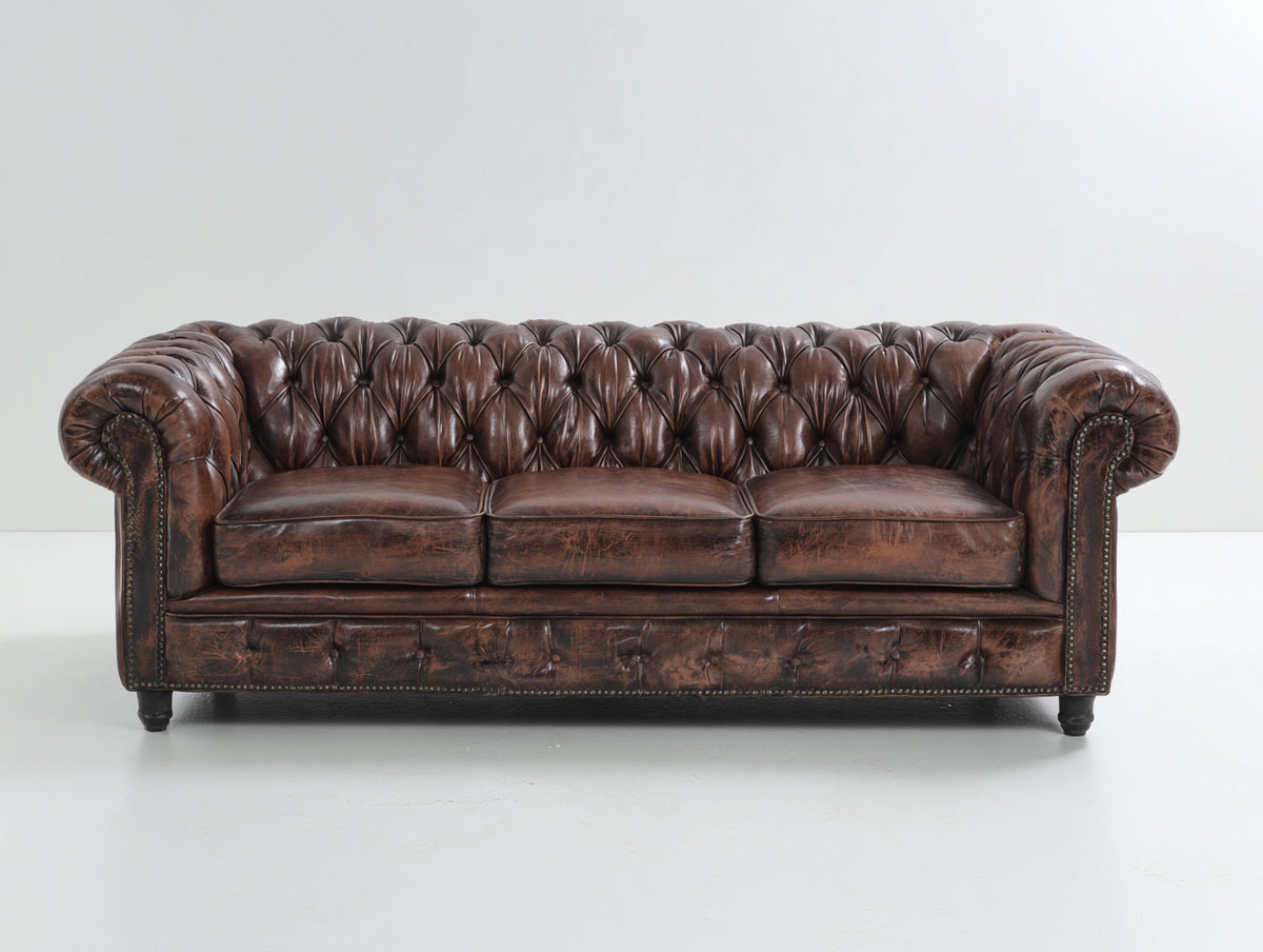 Sofás 3 plazas tapizados efecto cuero 220 x 95 x 78 cm - marrón oscuro - diseño capitoné clásico con brazos redondeados