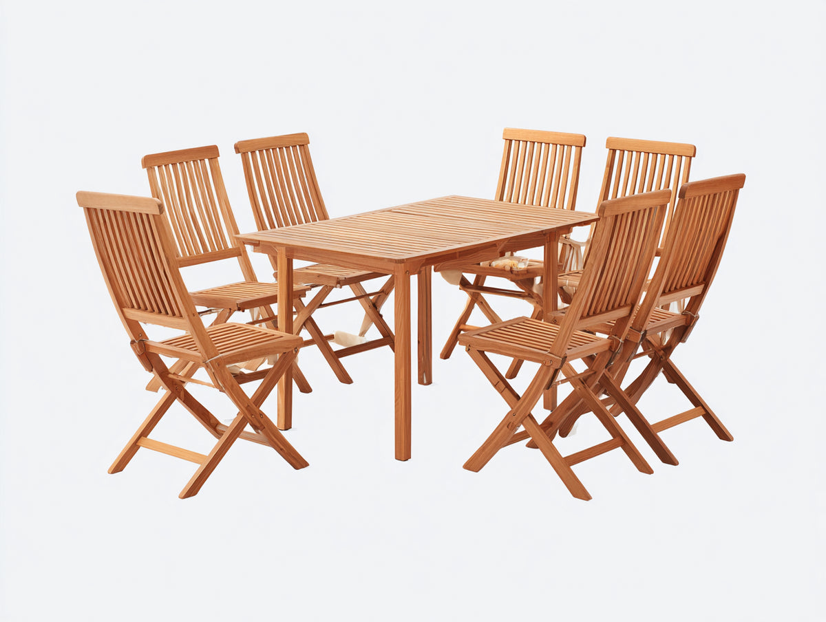 Conjuntos de comedor de jardín de madera 180 x 90 x 75 cm - madera natural - mesa rectangular con 6 sillas plegables