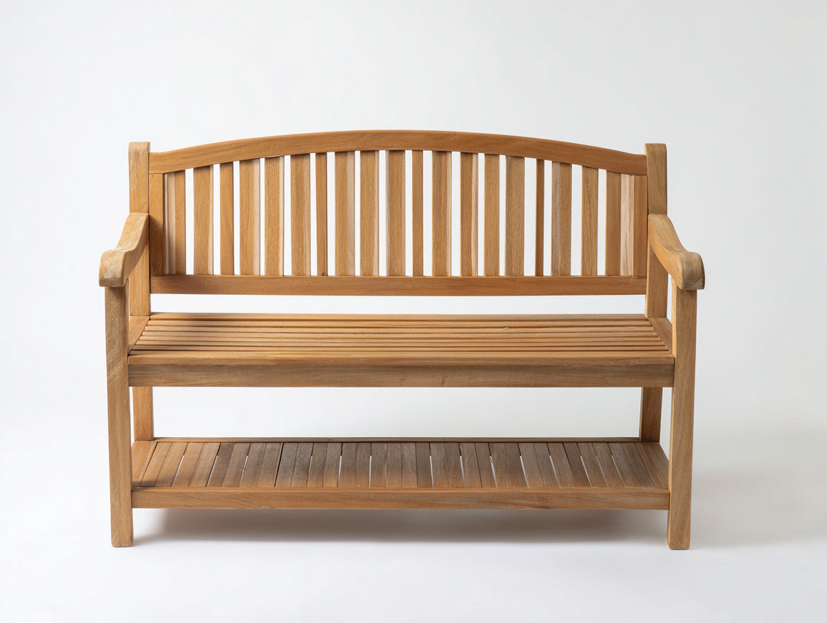 Banco de jardín de madera 145 x 62 x 92 cm - marrón - asiento de listones con respaldo alto y estante inferior