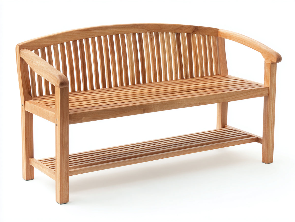 Bancos de jardín de madera 155 x 60 x 90 cm - marrón claro - diseño curvado con respaldo de listones y estante inferior