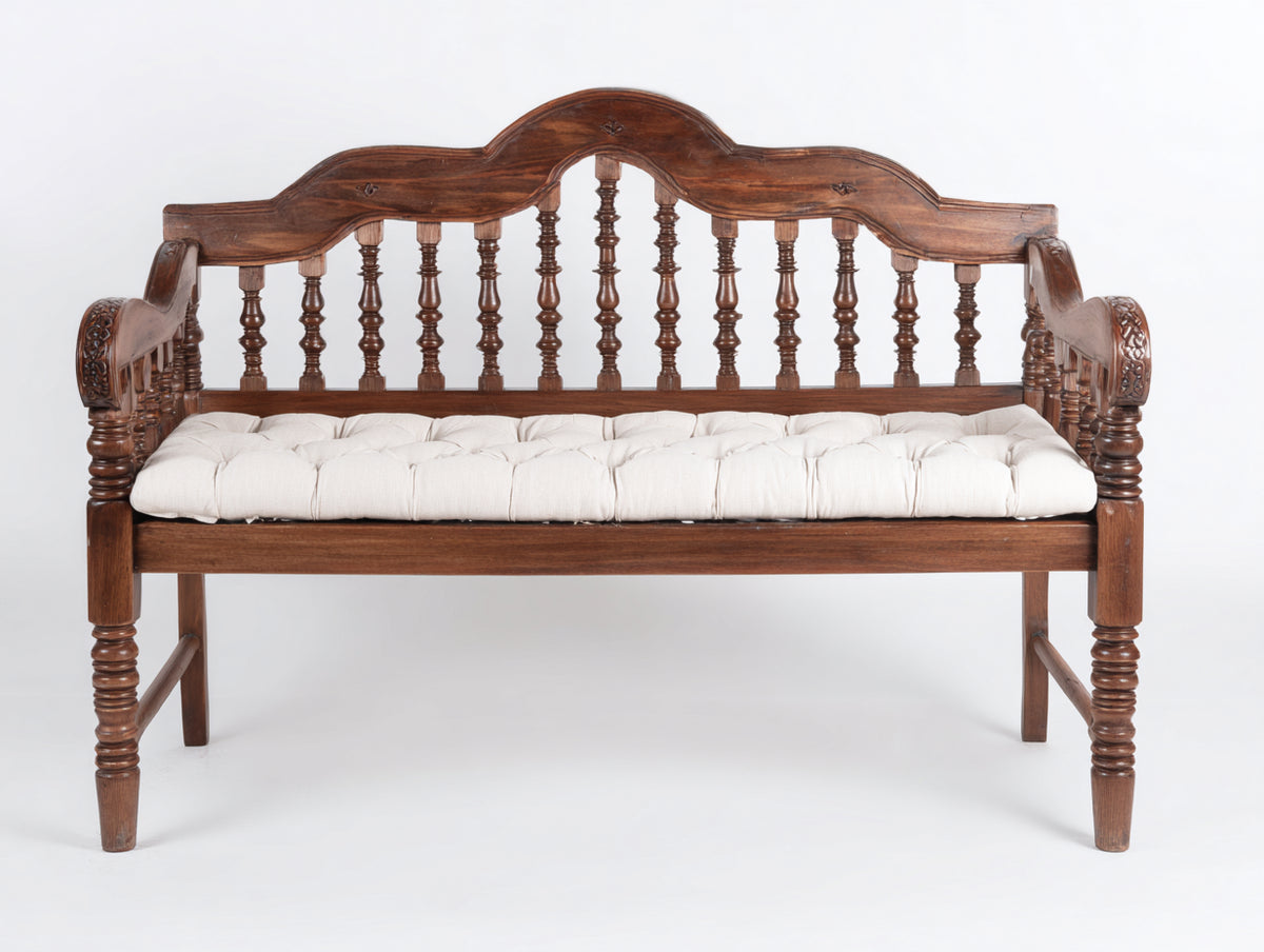 Banco de jardín de madera 150 x 62 x 96 cm - marrón oscuro y beige - asiento acolchado con respaldo decorativo